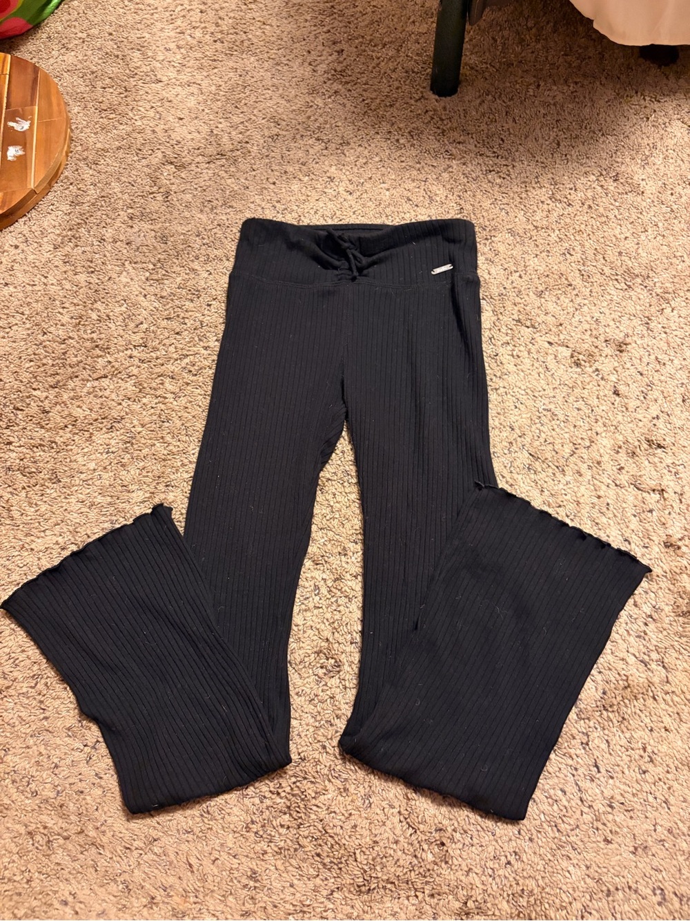 Black Ribbed Flare Leggings with Drawstring